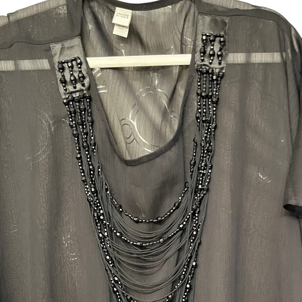 Chico’s M/L black beaded semi sheer cover up with armholes beaded neckline NWOT - Picture 2 of 10